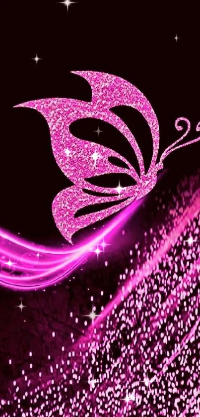 Vibrant pink butterfly wallpaper with sparkles on a dark background.