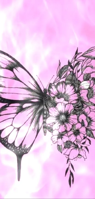 Pink butterfly and flower design on mobile wallpaper.