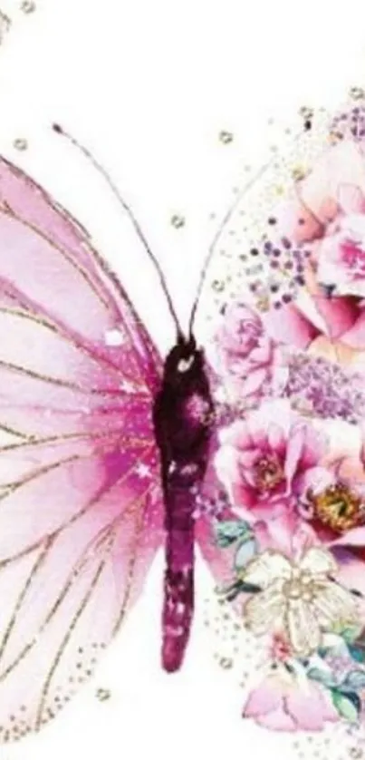 Pink butterfly and floral art wallpaper for phones.