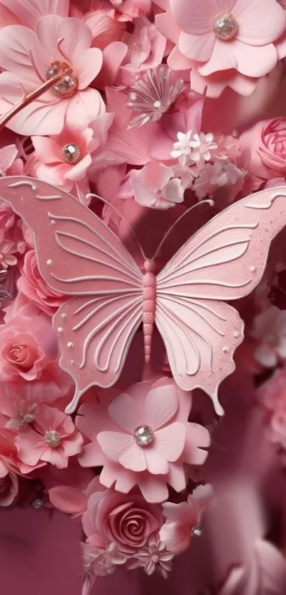 Pink butterfly among floral designs with elegant details.