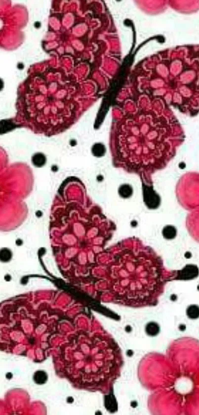 Pink butterflies and flowers on a decorative mobile wallpaper.