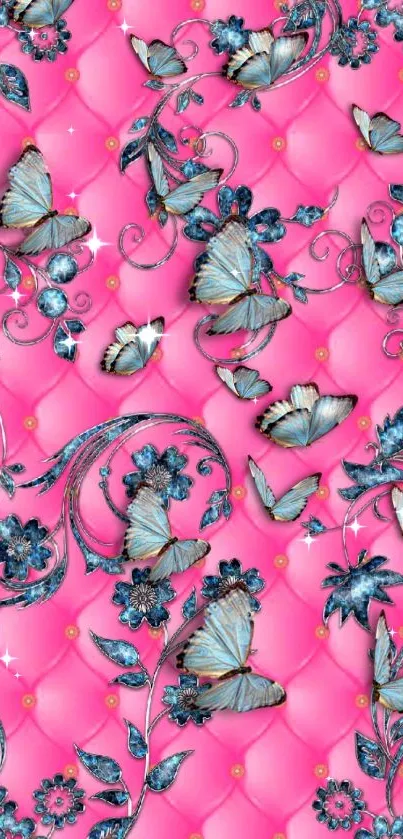 Vibrant pink wallpaper with blue butterflies and floral designs.