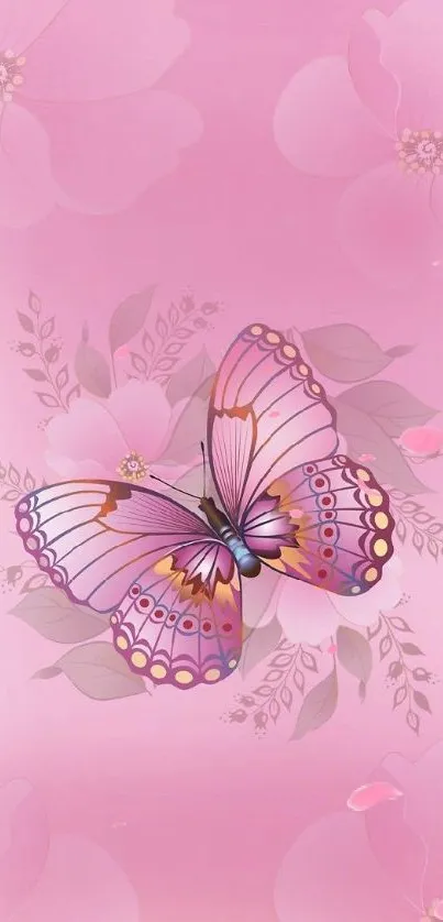 Pink butterfly with floral pattern wallpaper.