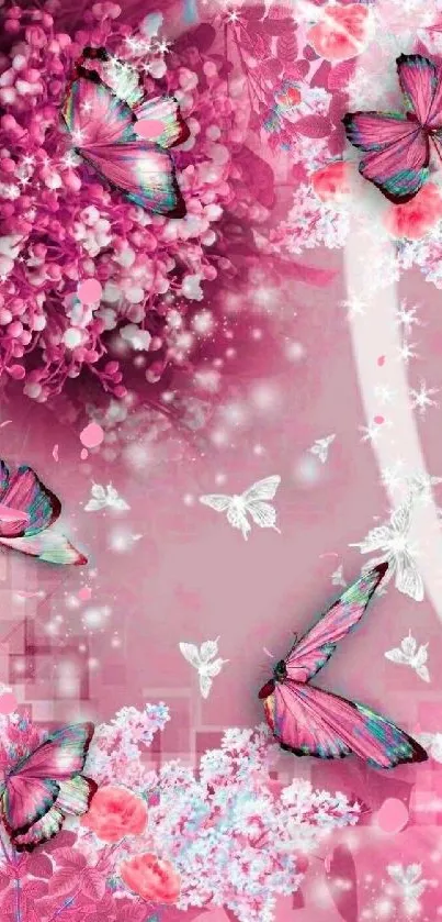 Elegant pink wallpaper with butterflies and flowers.