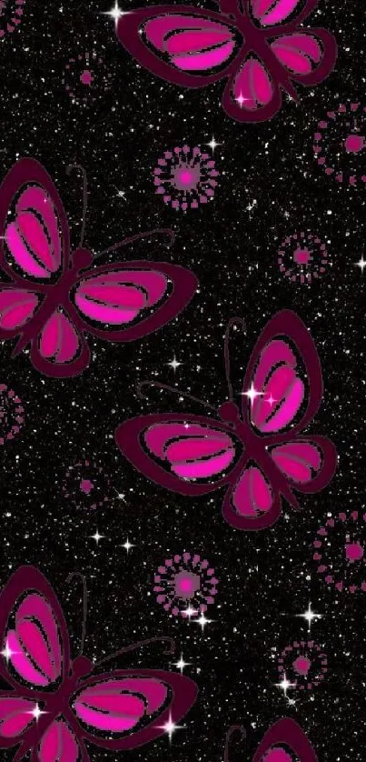 Pink butterflies on a starry black background, creating a cosmic look.