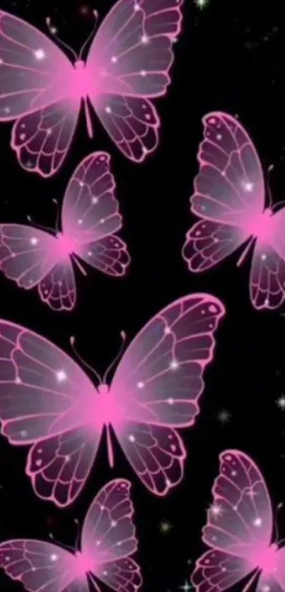 Pink neon butterflies on a starry black background.