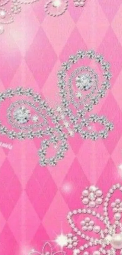 Elegant pink wallpaper with diamond butterfly design.