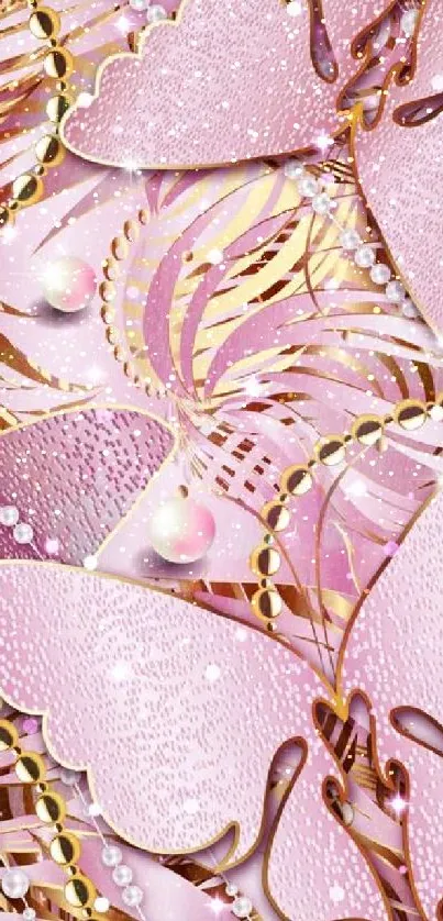 Pink butterfly wallpaper with golden accents and sparkling details.