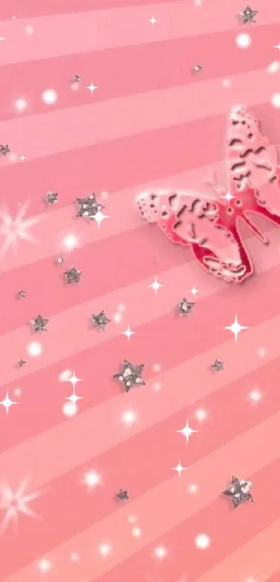 Pink wallpaper with butterfly and stars.