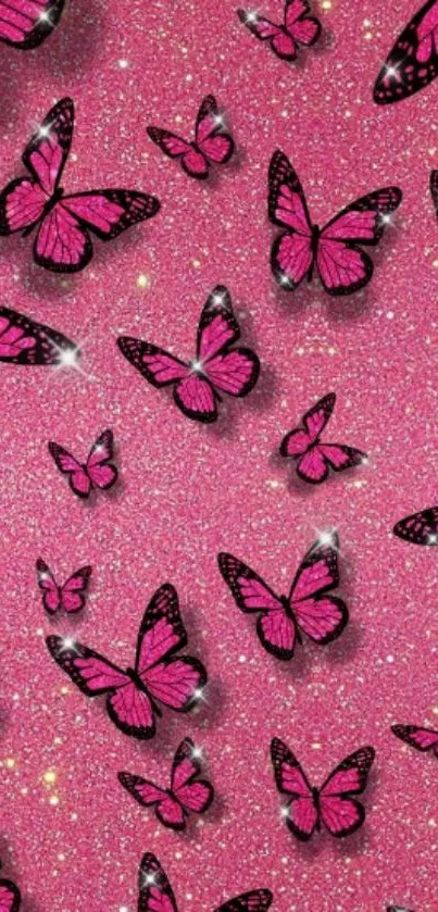 Pink glitter wallpaper with elegant butterflies.