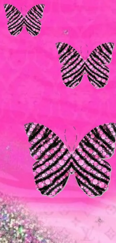 Pink wallpaper with glittery black butterflies and zebra stripe accent.