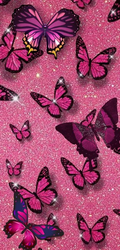 Pink glitter background with vibrant butterflies.