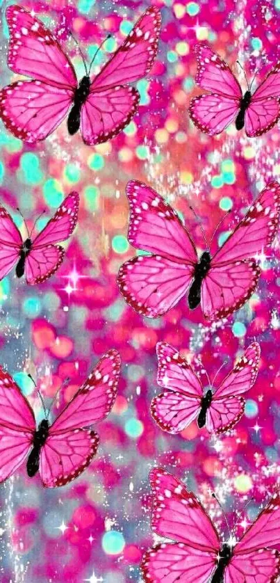 Vibrant pink butterflies with glittering bokeh background.