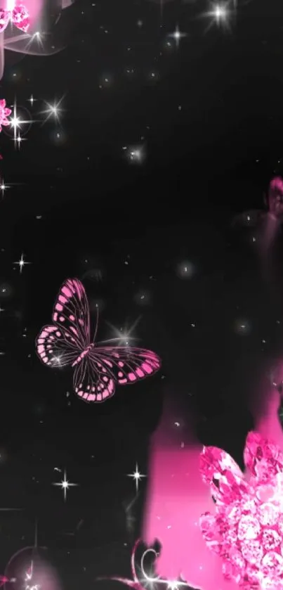 Elegant pink butterfly glitter wallpaper with black background.