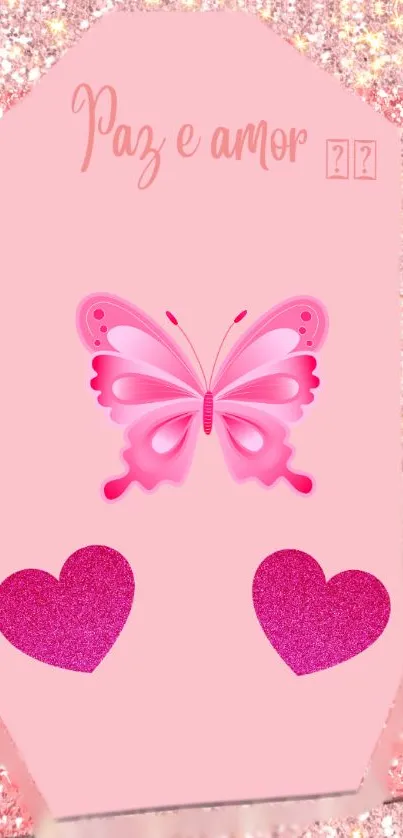 Pink butterfly and hearts with glitter background mobile wallpaper.