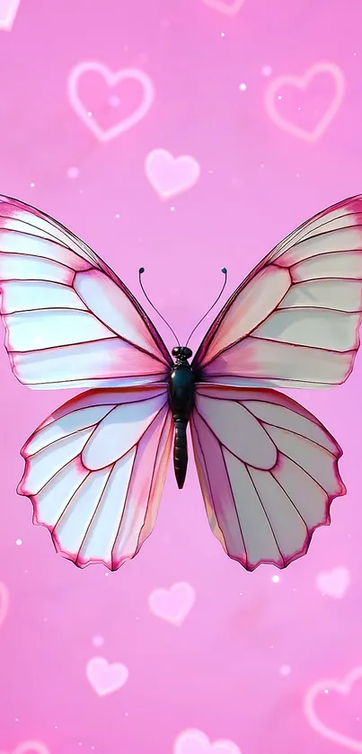 Pink butterfly on heart-patterned background.