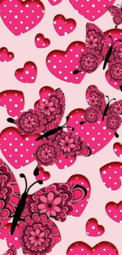 Pink butterflies and hearts mobile wallpaper with floral designs and polka dots.