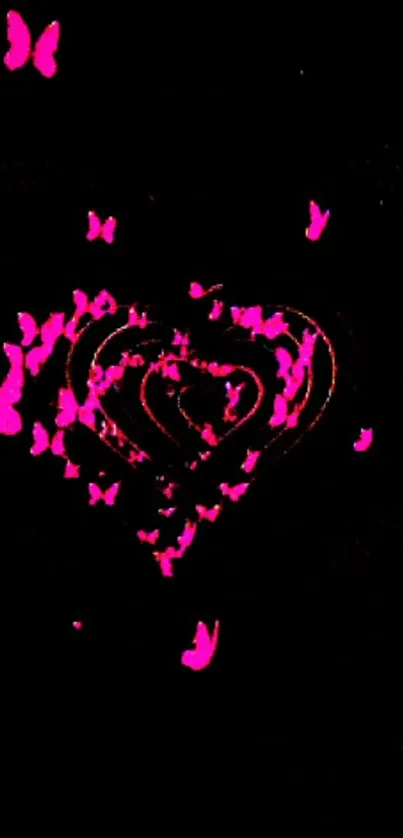 Pink butterflies forming a heart shape on black background.