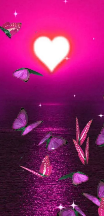 Pink wallpaper with butterflies and a heart in the sunset.