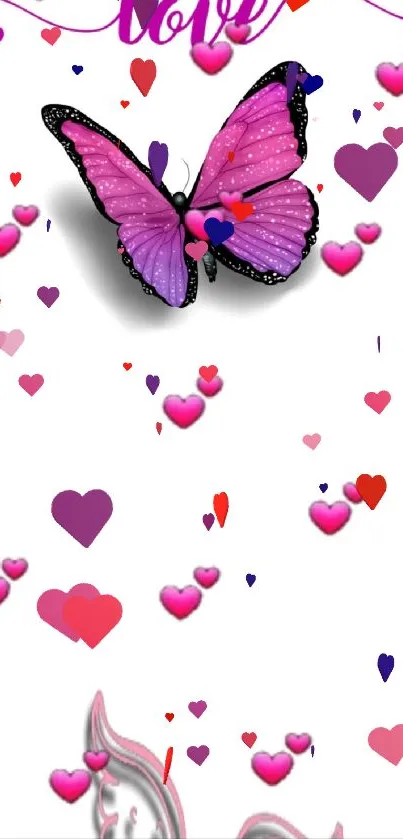 Pink butterfly and hearts love mobile wallpaper.