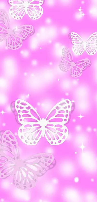 Pink wallpaper with white butterflies design.