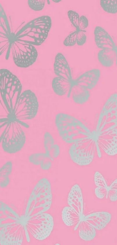 Pink wallpaper with elegant butterfly designs.