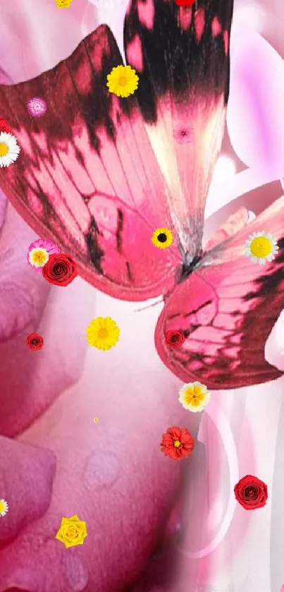 Pink butterfly with floral background wallpaper.