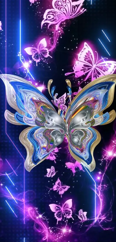Vibrant pink butterflies on dark background.