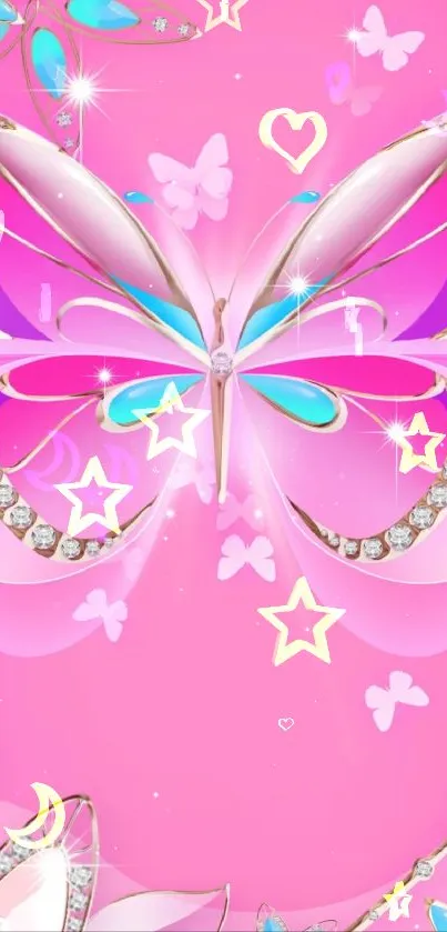 Dazzling pink butterfly with sparkles on a mobile wallpaper background.