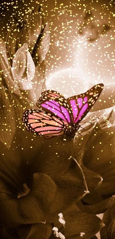 Sepia-toned flower with a vibrant pink butterfly.