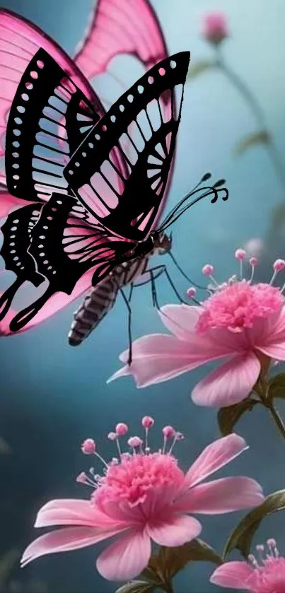 Pink butterfly perched on vibrant pink flowers in a serene setting.