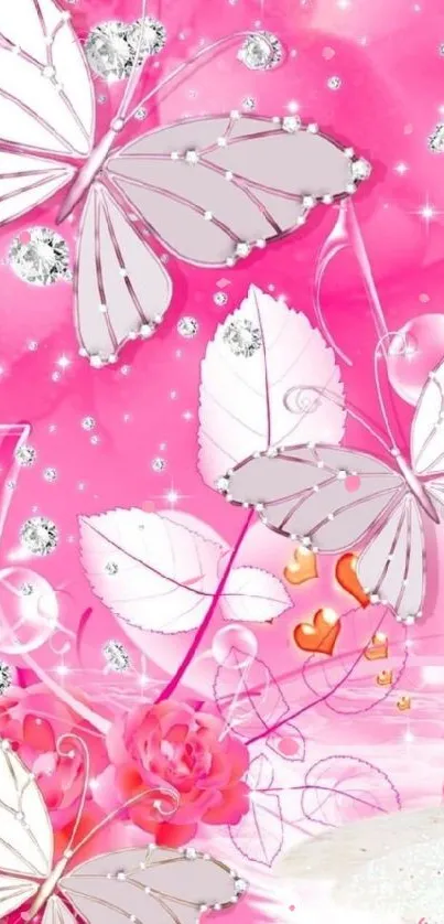 Pink butterfly and floral phone wallpaper with sparkling elements.