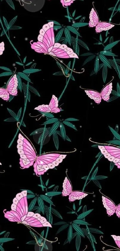 Pink butterflies and green leaves on black background wallpaper.