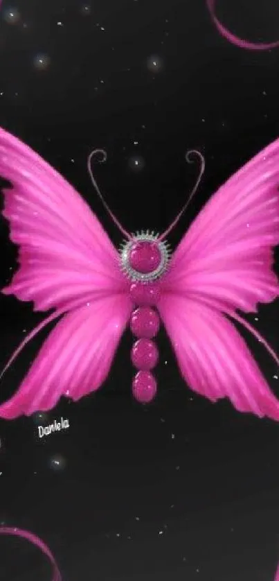 Pink butterfly with ribbons on black background wallpaper.