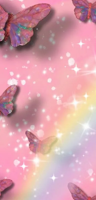 Pink wallpaper with butterflies and rainbow.