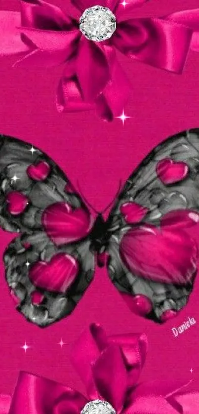 Pink butterfly and ribbon wallpaper with elegant magenta and dark tones.