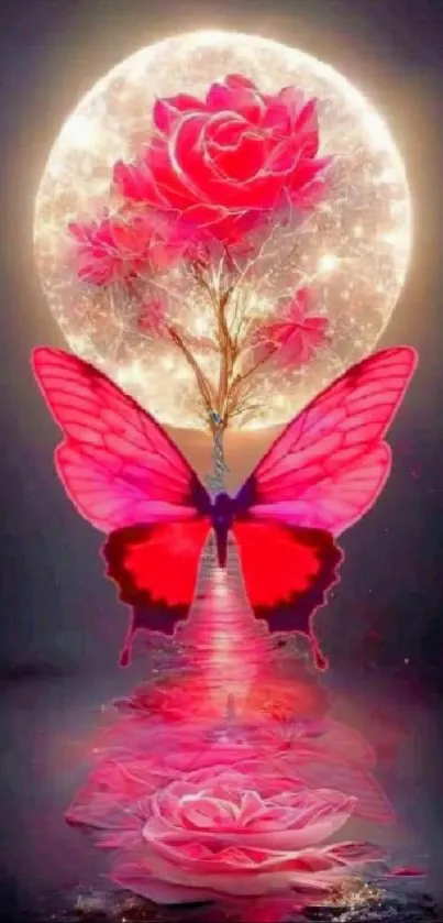 Pink butterfly with roses against a glowing moon background.