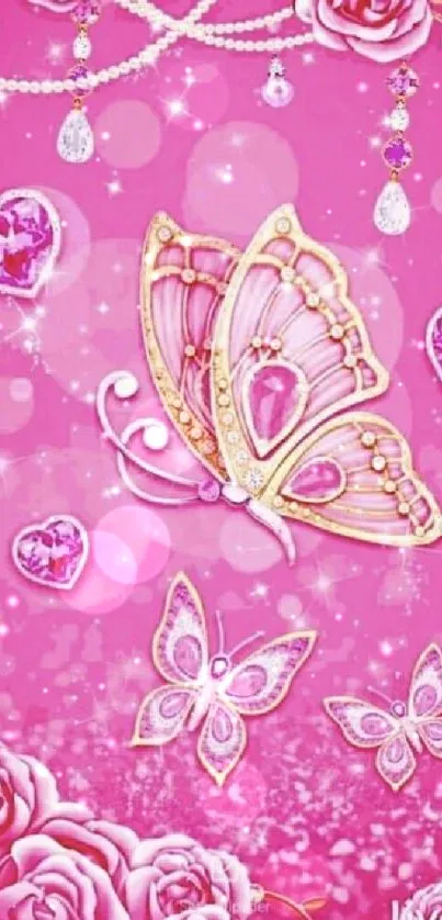 Pink butterfly and rose wallpaper with jewel accents.