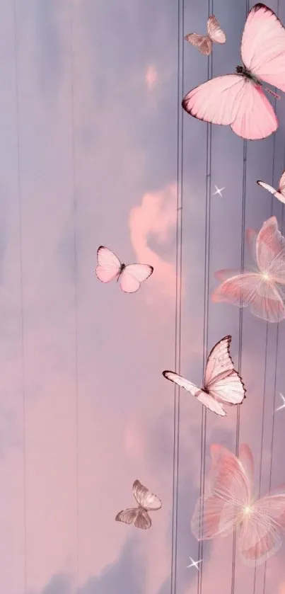 Pink butterflies float delicately in a pastel sky.