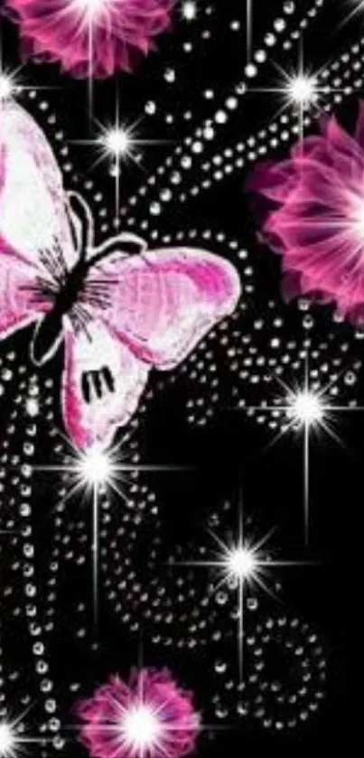 Pink butterfly and sparkle design with flowers.