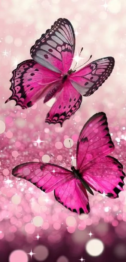 Pink butterflies with sparkling bokeh on a mobile wallpaper background.