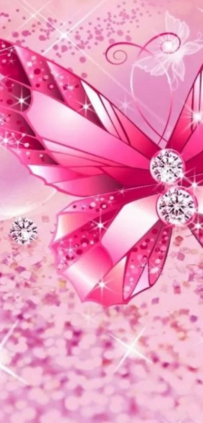 Pink butterfly wallpaper with sparkling elements and glittering details.