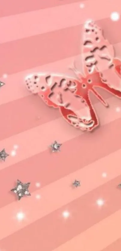 Pink butterfly on striped background with stars.