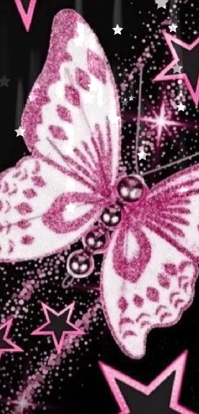 Pink butterfly and star-themed mobile wallpaper.