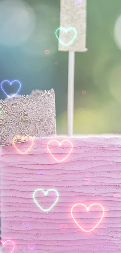 Whimsical pink cake with lace crown and hearts design.