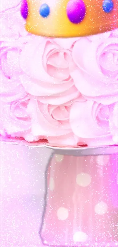 Pink cake with golden crown and rose decoration.