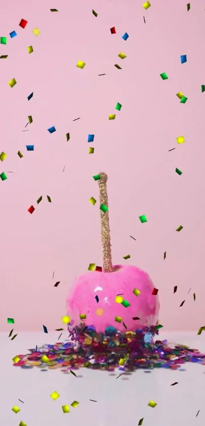 Pink candy apple with confetti on a reflective surface.