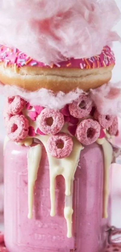 Vibrant pink dessert shake with donut and cotton candy.