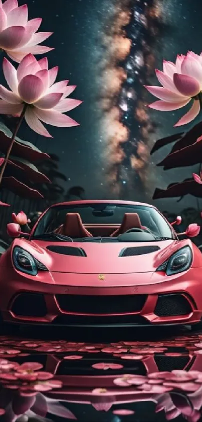 Pink car amidst lotus flowers with starry sky.