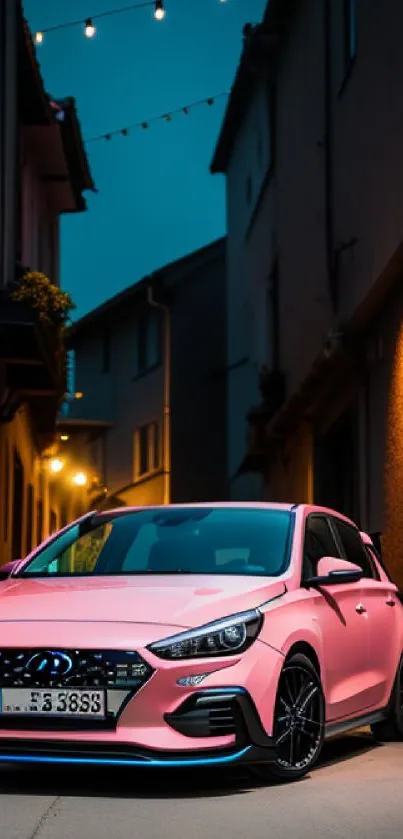 Pink car parked in a narrow street at dusk with warm light.